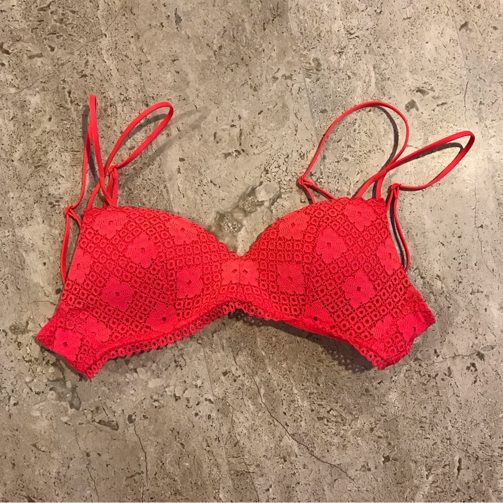 Aerie Bright Orange Lace Bralette w/ Decorative Straps Size 32B